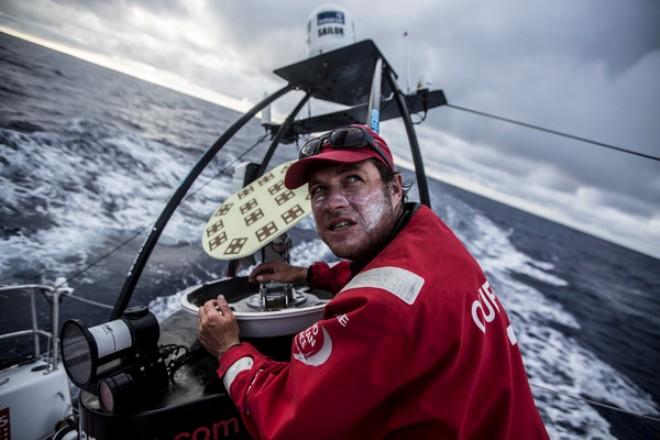 onboard MAPFRE. Antonio Cuervas-Mons 'Neti' opens up the Inmarsat FB 250 dome. He's having a look at the components after the satellite had issues sending and receiving files - Volvo Ocean Race 2014-15 © Francisco Vignale/Mapfre/Volvo Ocean Race